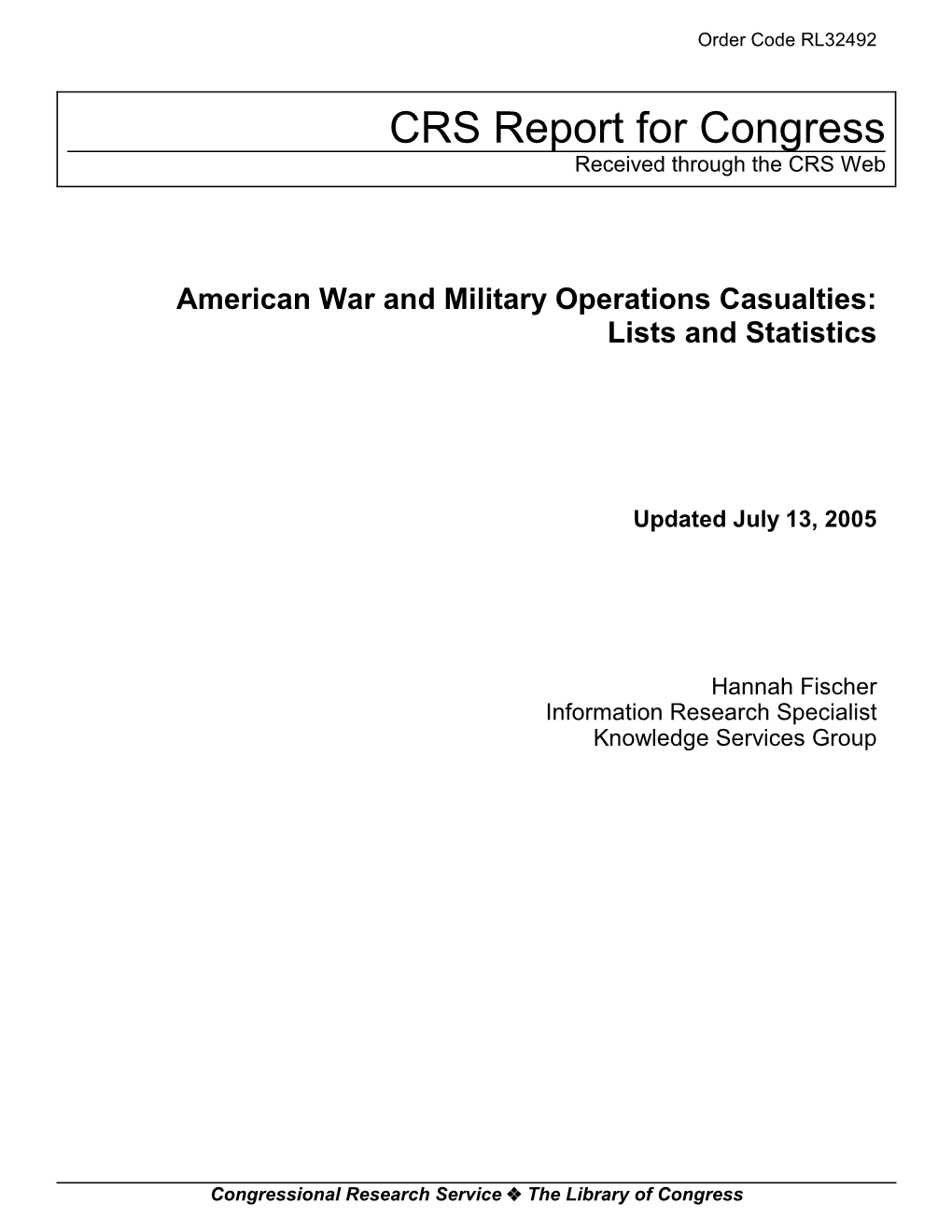 American War and Military Operations Casualties: Lists and Statistics