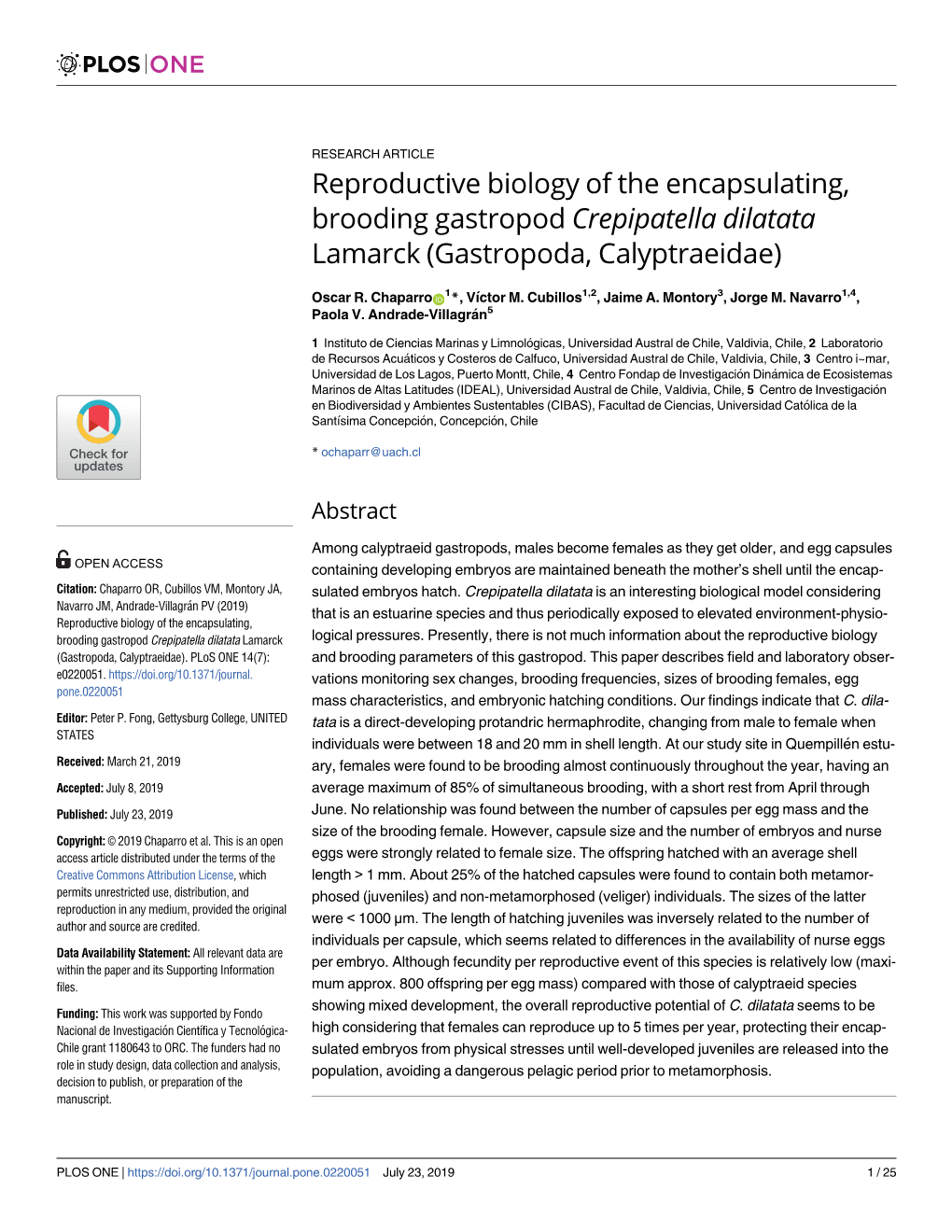 Reproductive Biology of the Encapsulating, Brooding Gastropod Crepipatella Dilatata Lamarck (Gastropoda, Calyptraeidae)