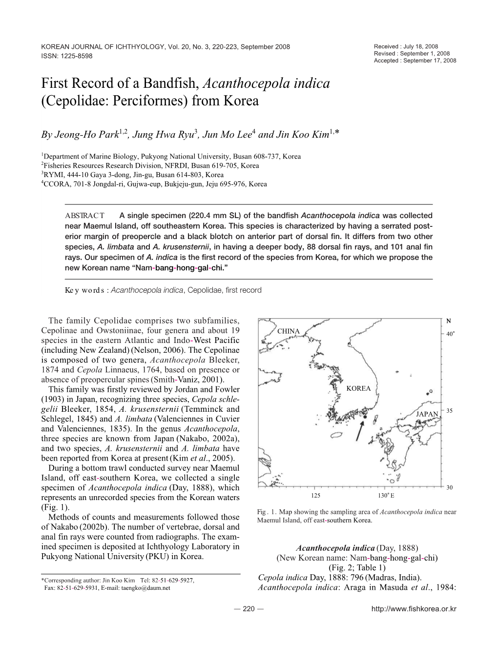 First Record of a Bandfish, Acanthocepola Indica (Cepolidae: Perciformes) from Korea