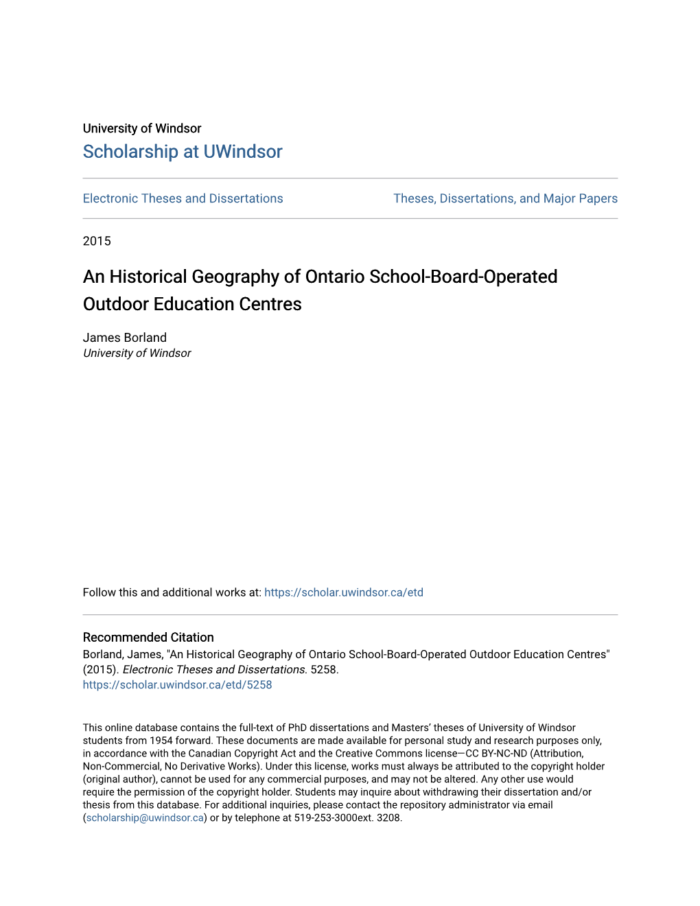 An Historical Geography of Ontario School-Board-Operated Outdoor Education Centres