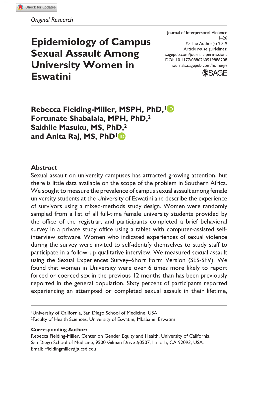 Epidemiology of Campus Sexual Assault Among University Women