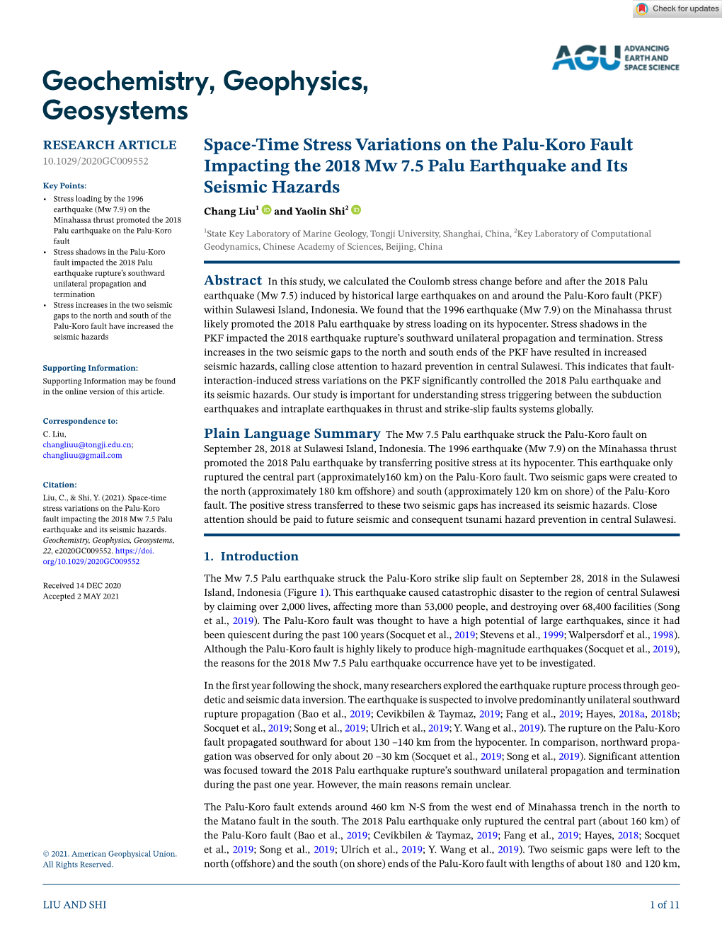 Space‐Time Stress Variations on the Palu‐Koro Fault Impacting the 2018