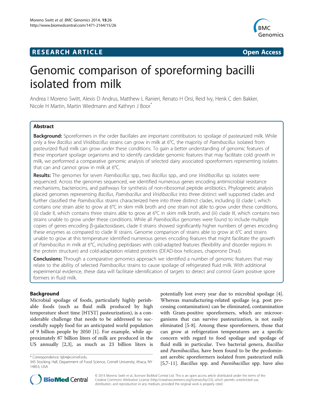 Genomic Comparison of Sporeforming Bacilli Isolated from Milk