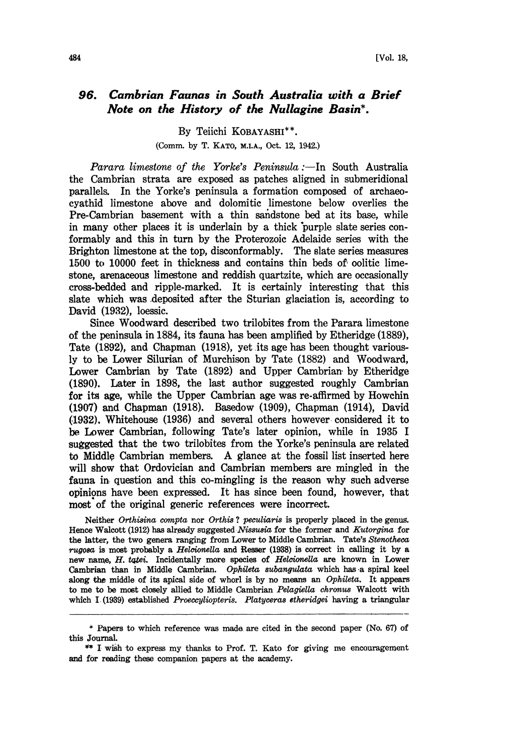 96. Cambrian Faunas in South Australia with a Brief Note on the History of the Nullagine Basin*