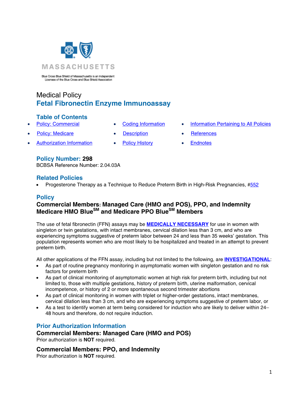 Medical Policy Fetal Fibronectin Enzyme Immunoassay