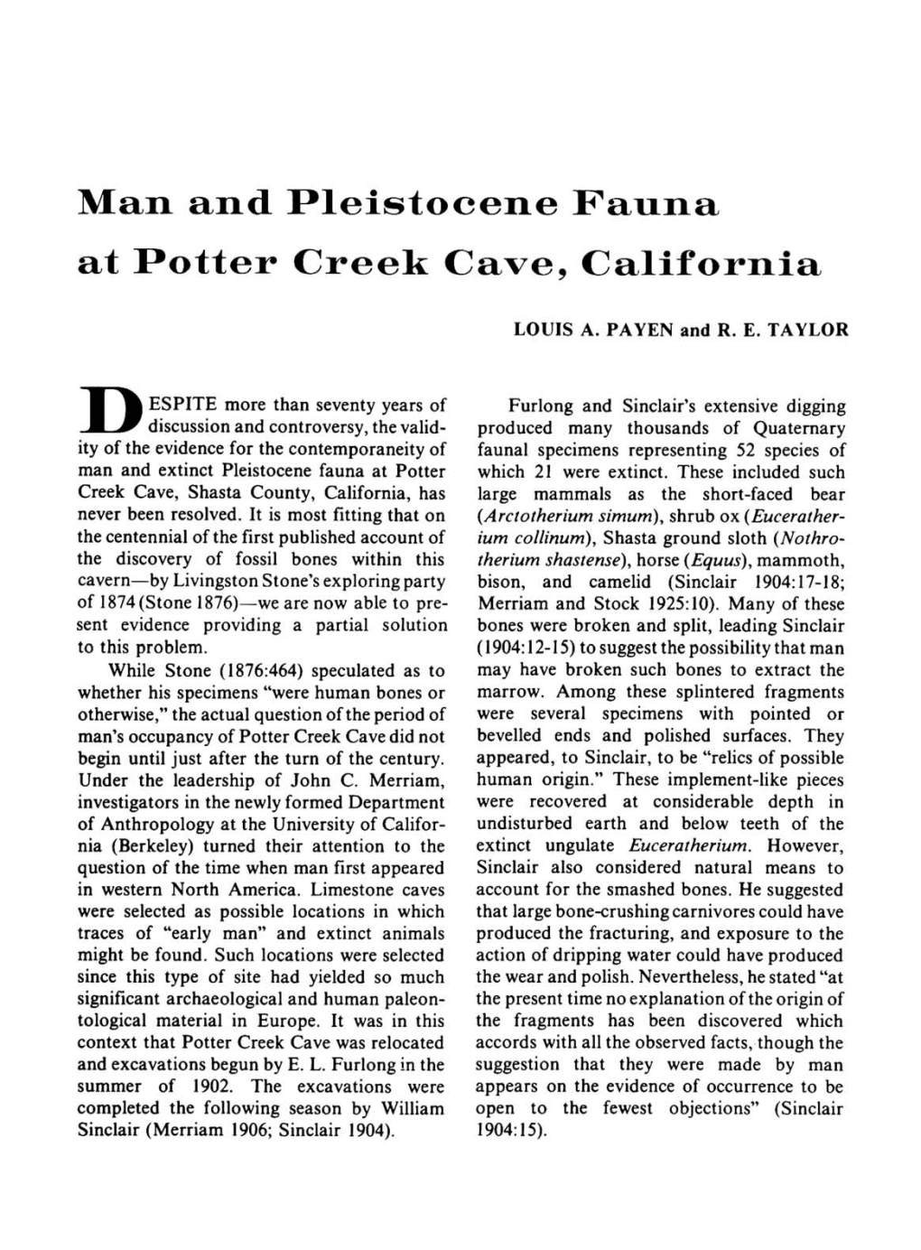 Man and the Pleistocene Fauna at Potter Creek Cave, California