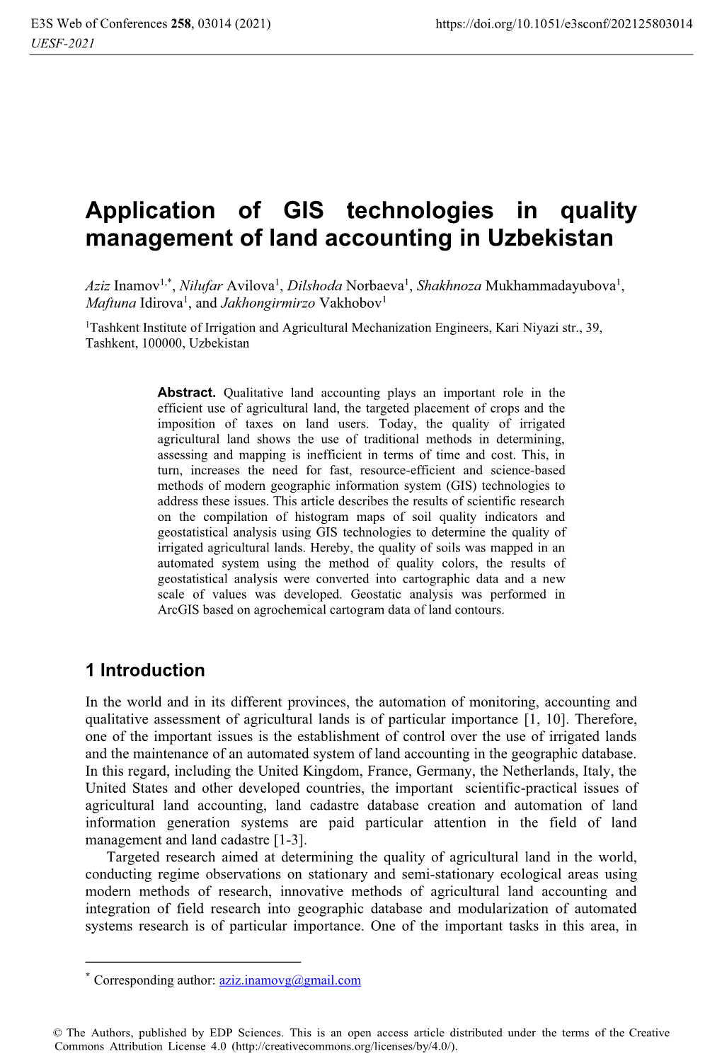 Application of GIS Technologies in Quality Management of Land Accounting in Uzbekistan