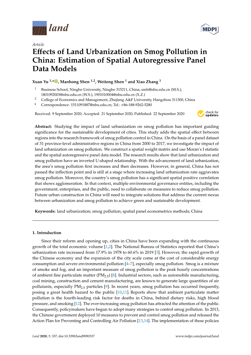 Effects of Land Urbanization on Smog Pollution in China