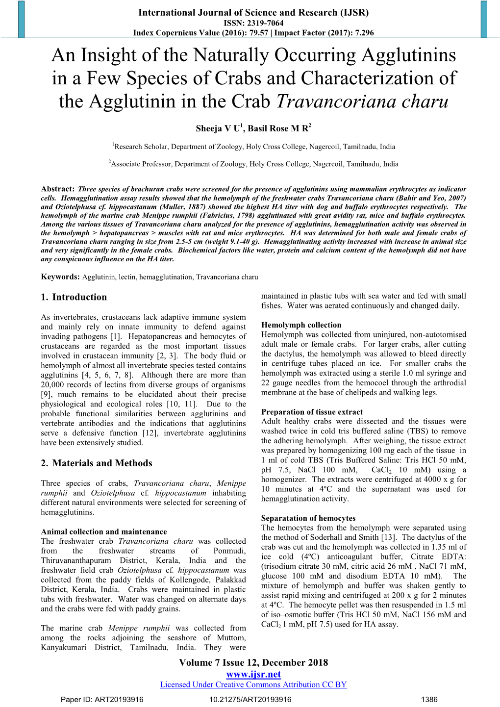 An Insight of the Naturally Occurring Agglutinins in a Few Species of Crabs and Characterization of the Agglutinin in the Crab Travancoriana Charu