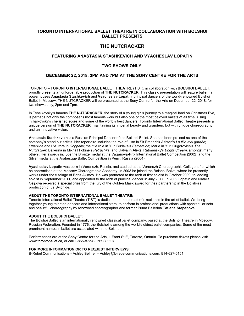 Press Release Toronto International Ballet Theatre the Nutcracker