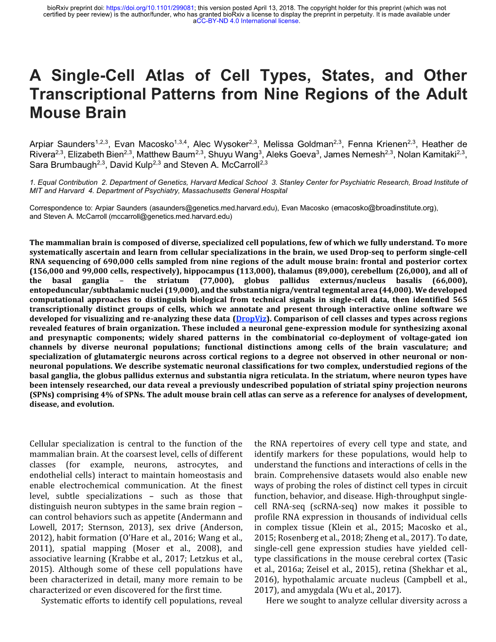 A Single-Cell Atlas of Cell Types, States, and Other Transcriptional Patterns from Nine Regions of the Adult Mouse Brain