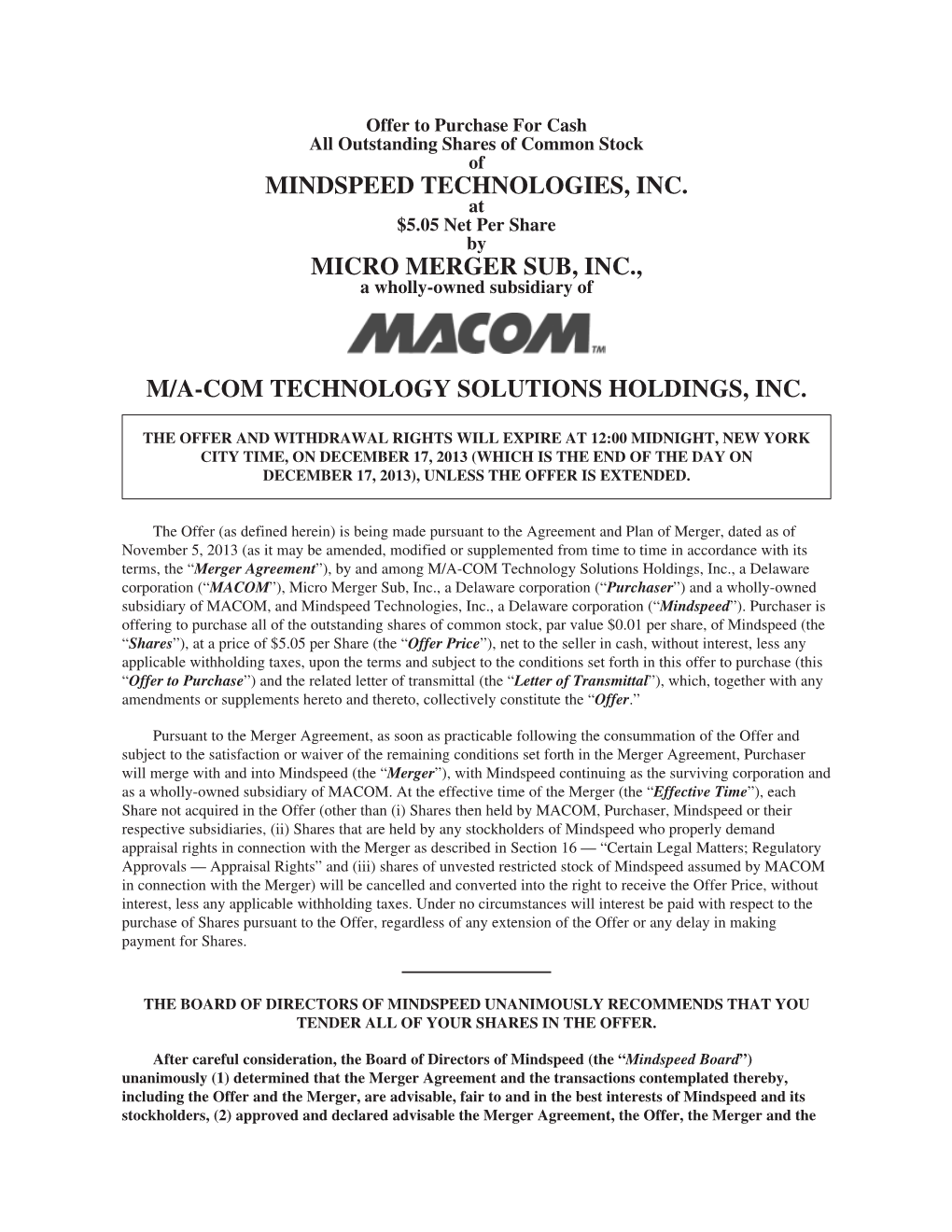 Mindspeed Technologies, Inc. Micro Merger Sub, Inc., M/A