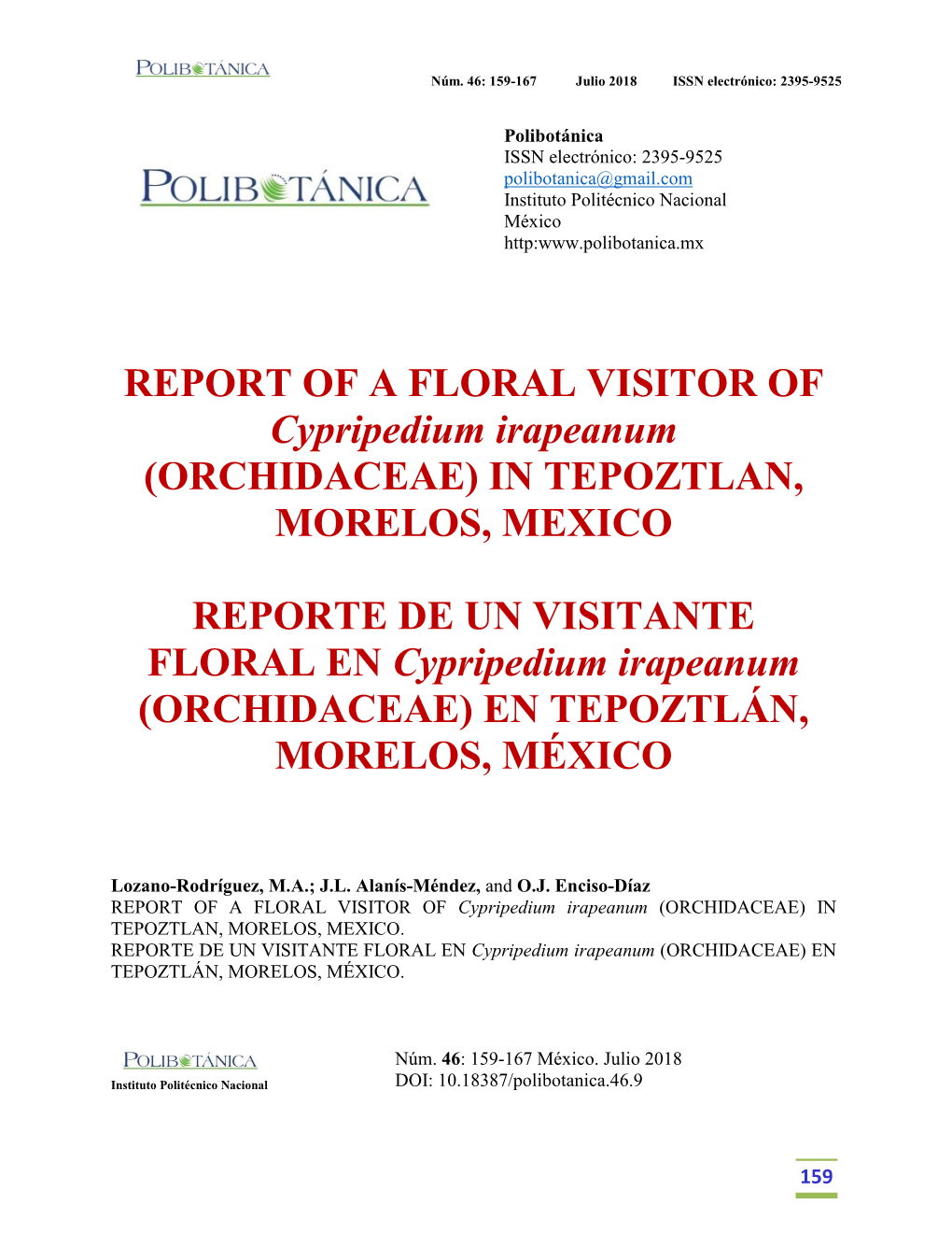 REPORT of a FLORAL VISITOR of Cypripedium Irapeanum (ORCHIDACEAE) in TEPOZTLAN, MORELOS, MEXICO