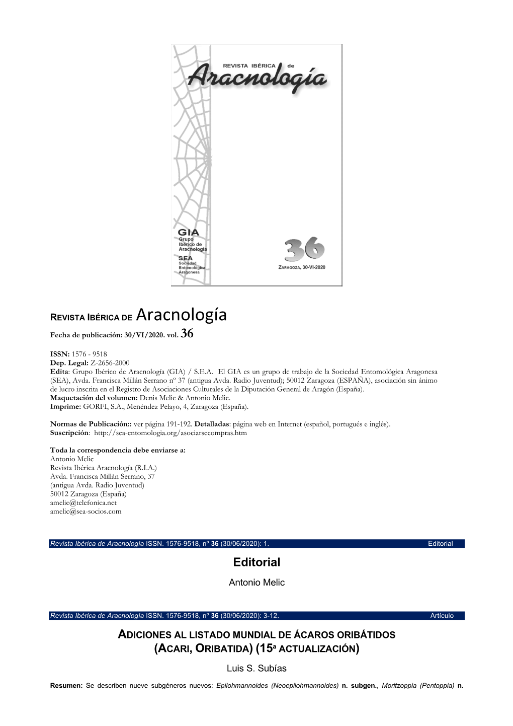 REVISTA IBÉRICA DE Aracnología Fecha De Publicación: 30/VI/2020