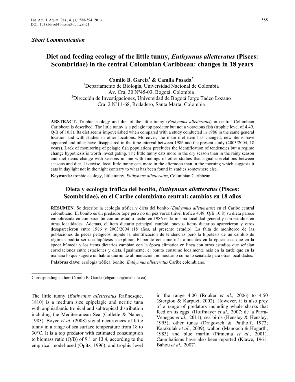 Diet and Feeding Ecology of the Little Tunny, Euthynnus Alletteratus (Pisces: Scombridae) in the Central Colombian Caribbean: Changes in 18 Years