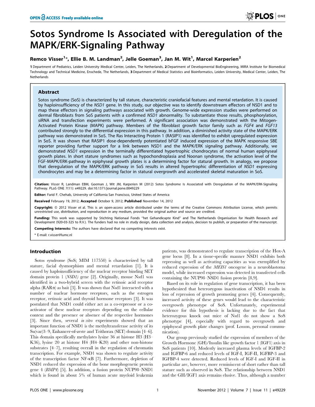 Sotos Syndrome Is Associated with Deregulation of the MAPK/ERK-Signaling Pathway