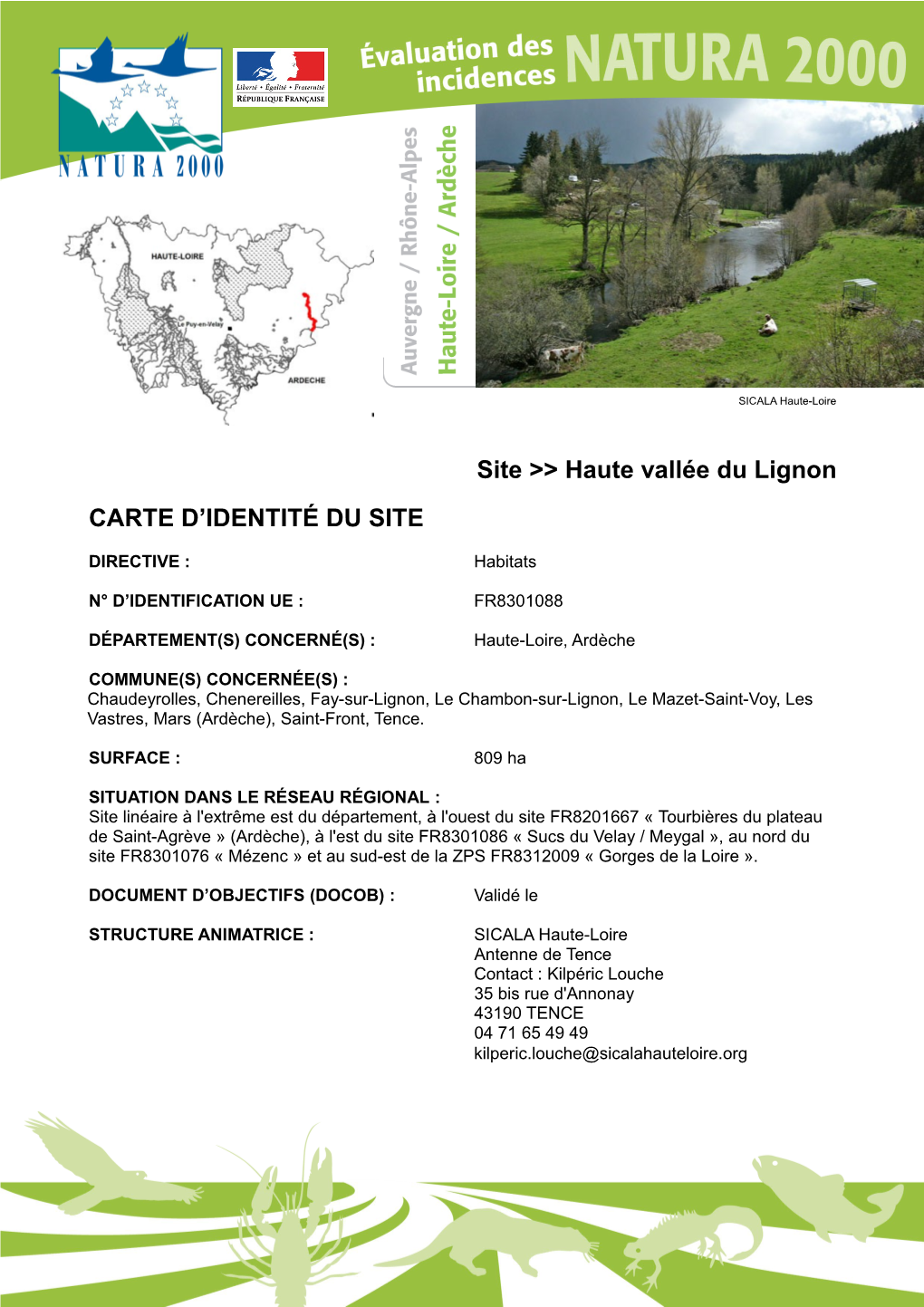 Site &gt;&gt; Haute Vallée Du Lignon CARTE D'identité DU SITE