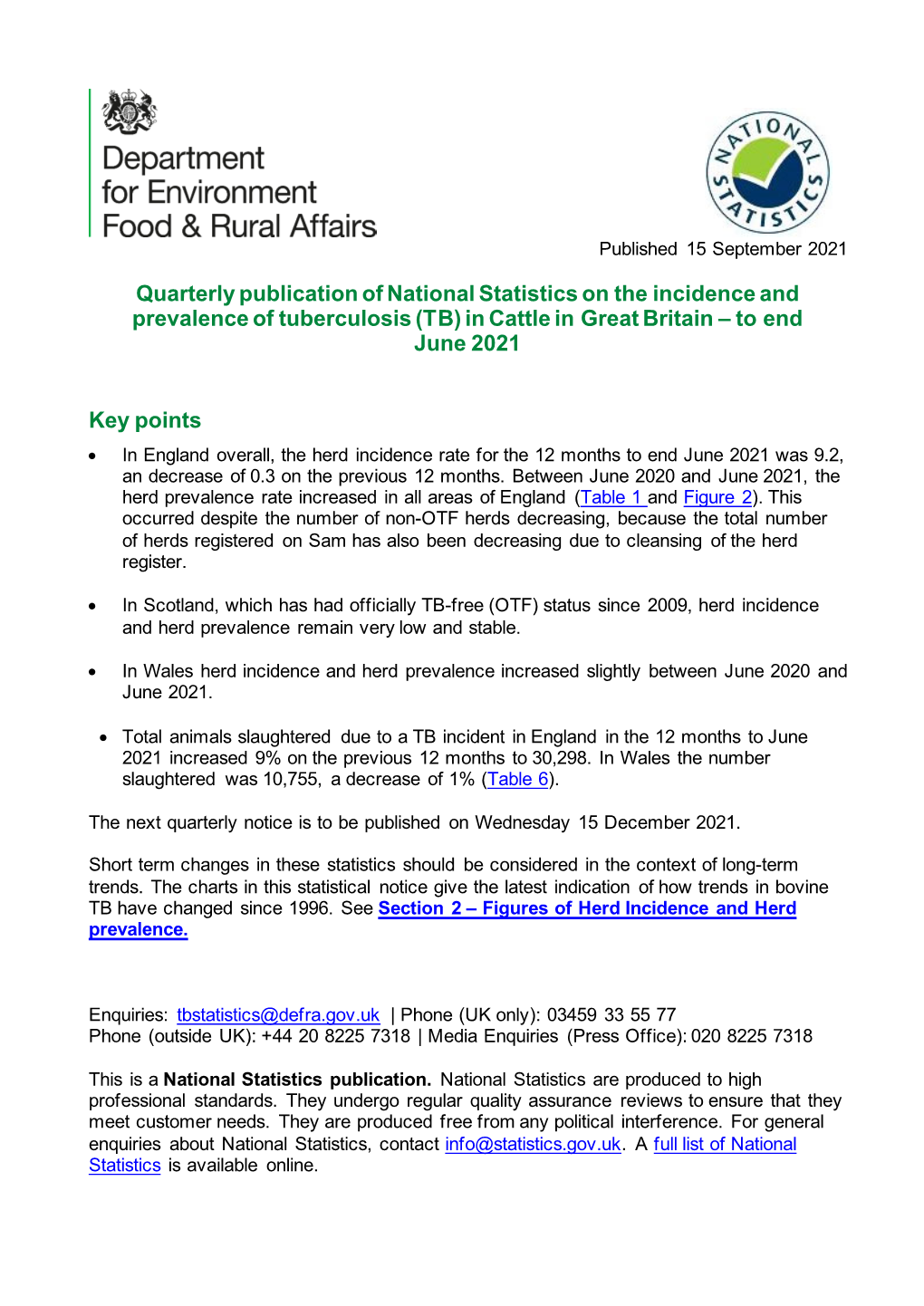 TB) in Cattle in Great Britain – to End June 2021