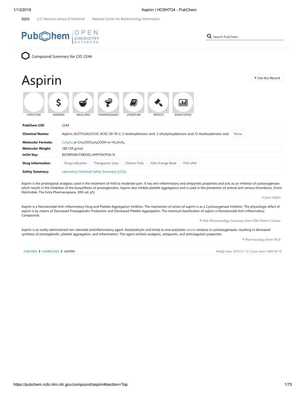 Aspirin | HC9H7O4 - Pubchem