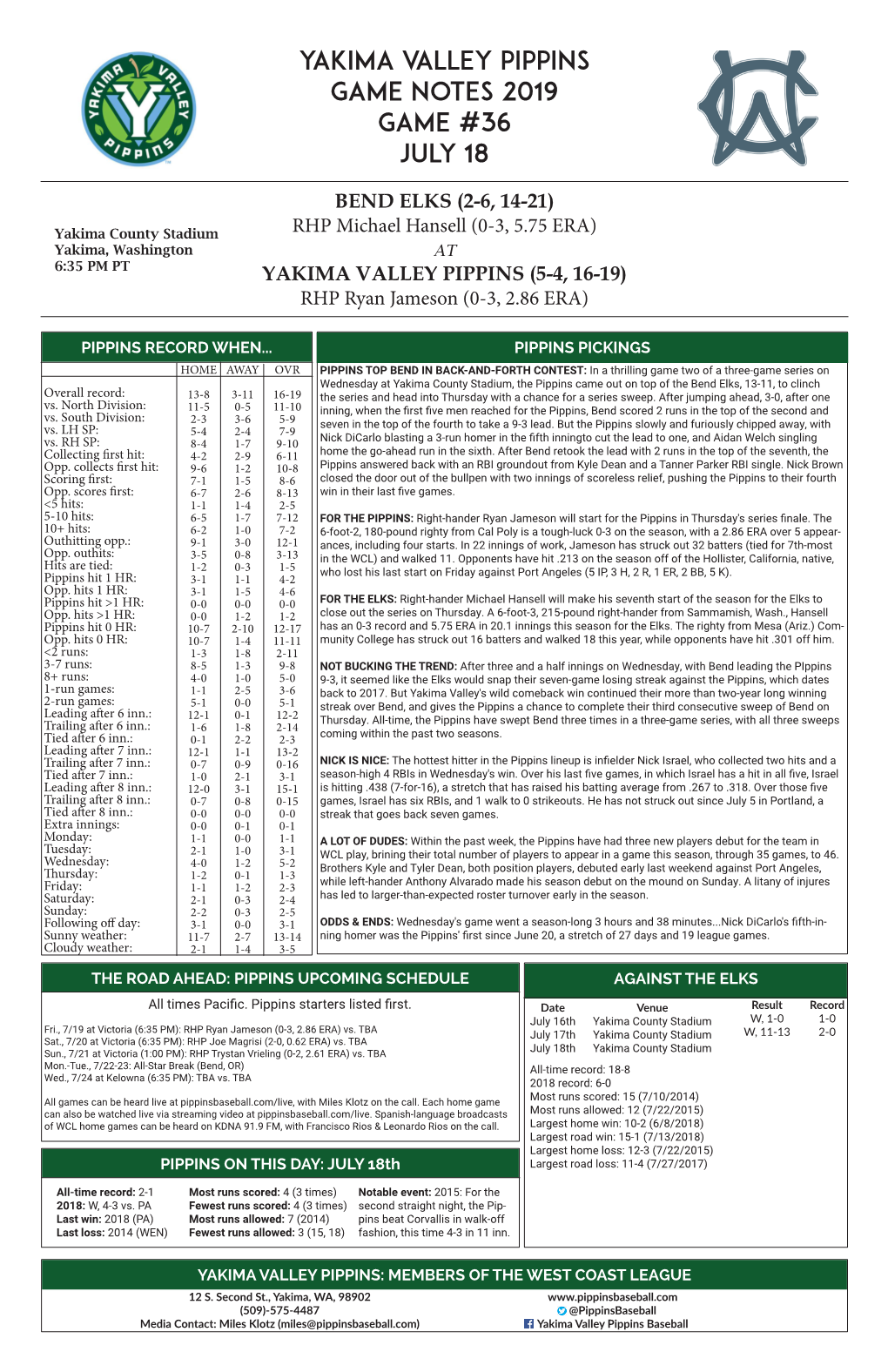 Yakima Valley Pippins Game Notes 2019 Game #36 July 18