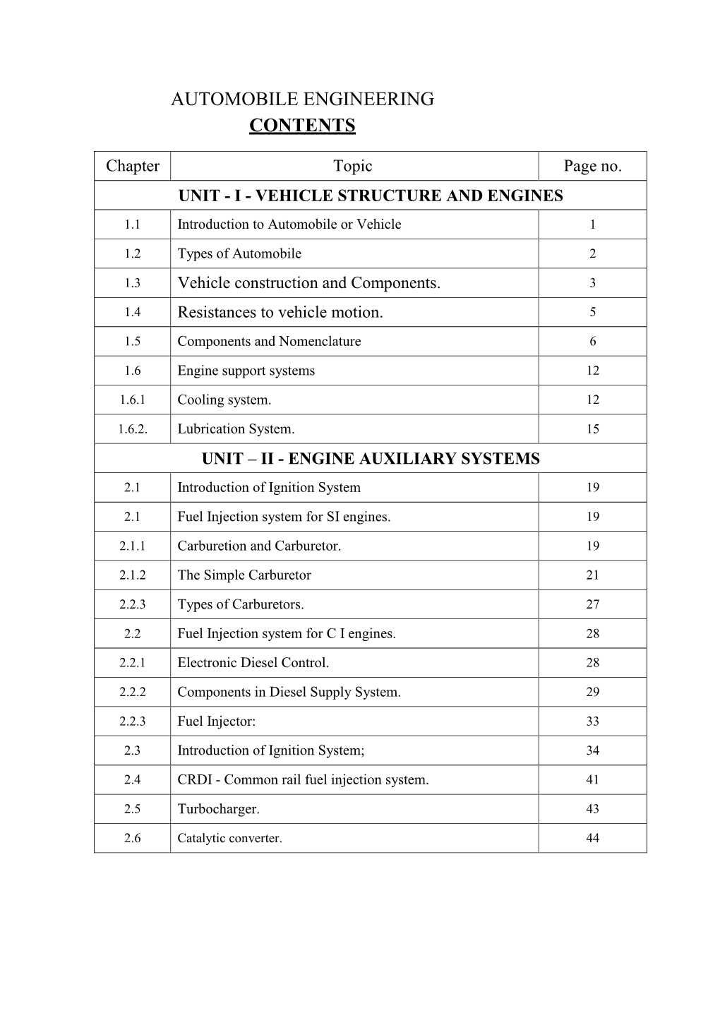 Automobile Engineering Contents