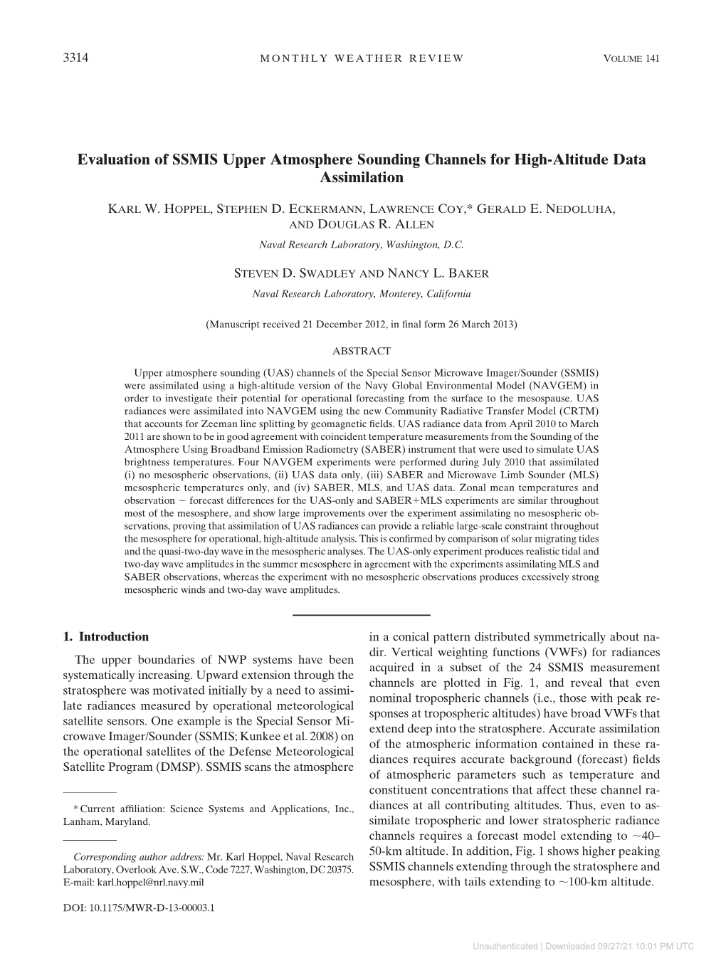 Evaluation of SSMIS Upper Atmosphere Sounding Channels for High-Altitude Data Assimilation