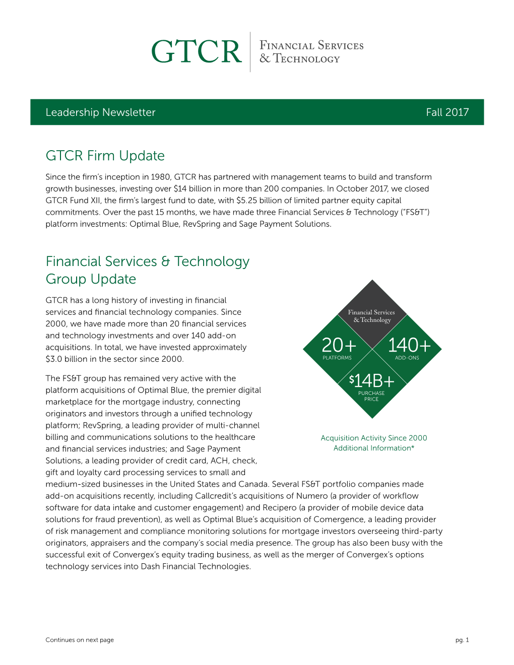 GTCR Firm Update Financial Services & Technology Group Update