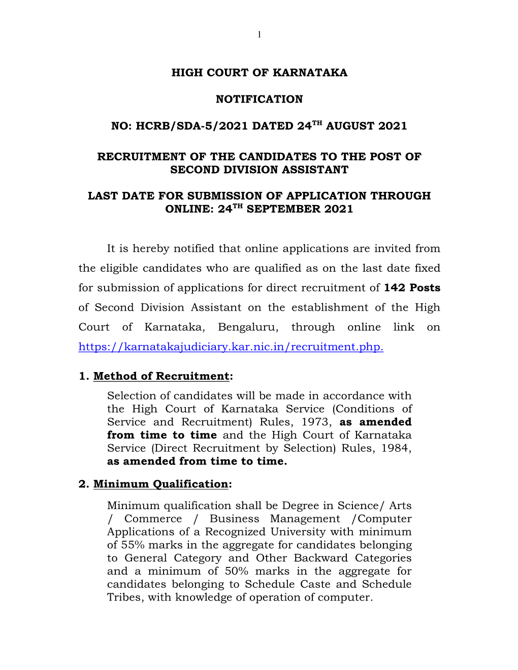 High Court of Karnataka Notification No: Hcrb/Sda-5