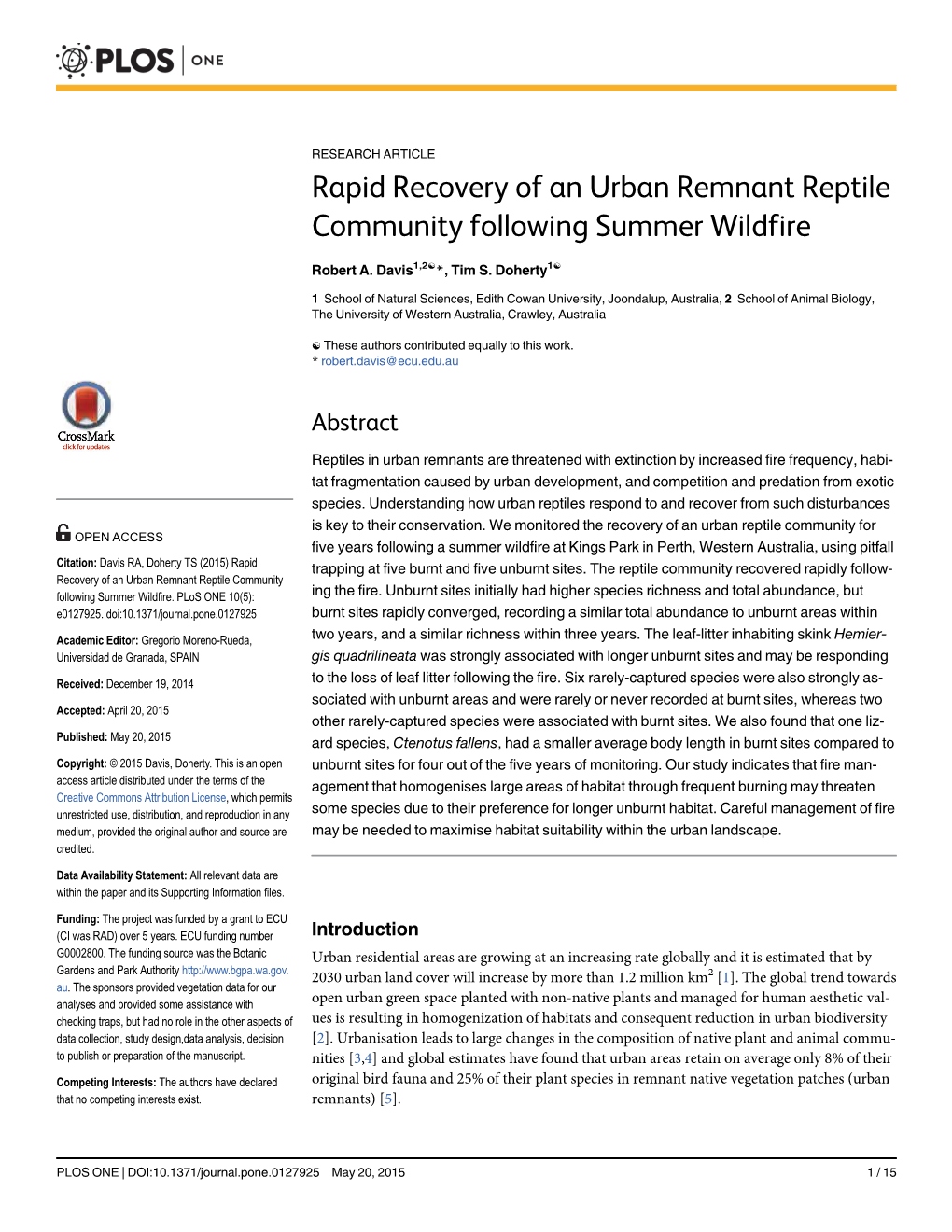 Rapid Recovery of an Urban Remnant Reptile Community Following Summer Wildfire