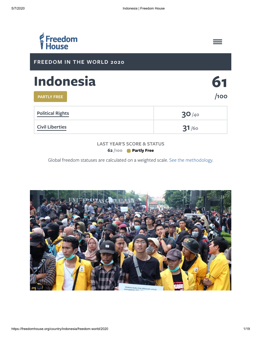 FREEDOM in the WORLD 2020 Indonesia 61 PARTLY FREE /100