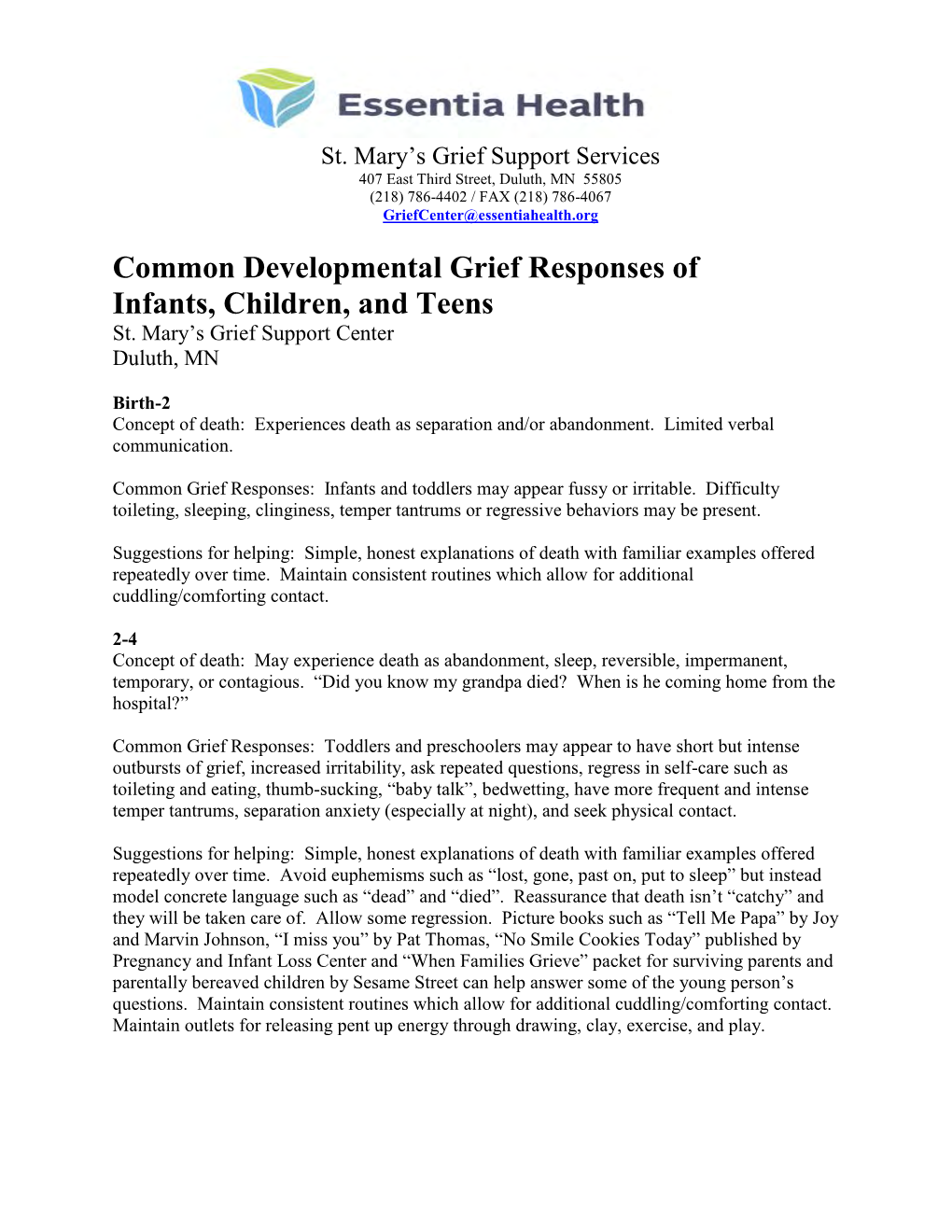 Common Developmental Grief Responses of Infants, Children, and Teens St