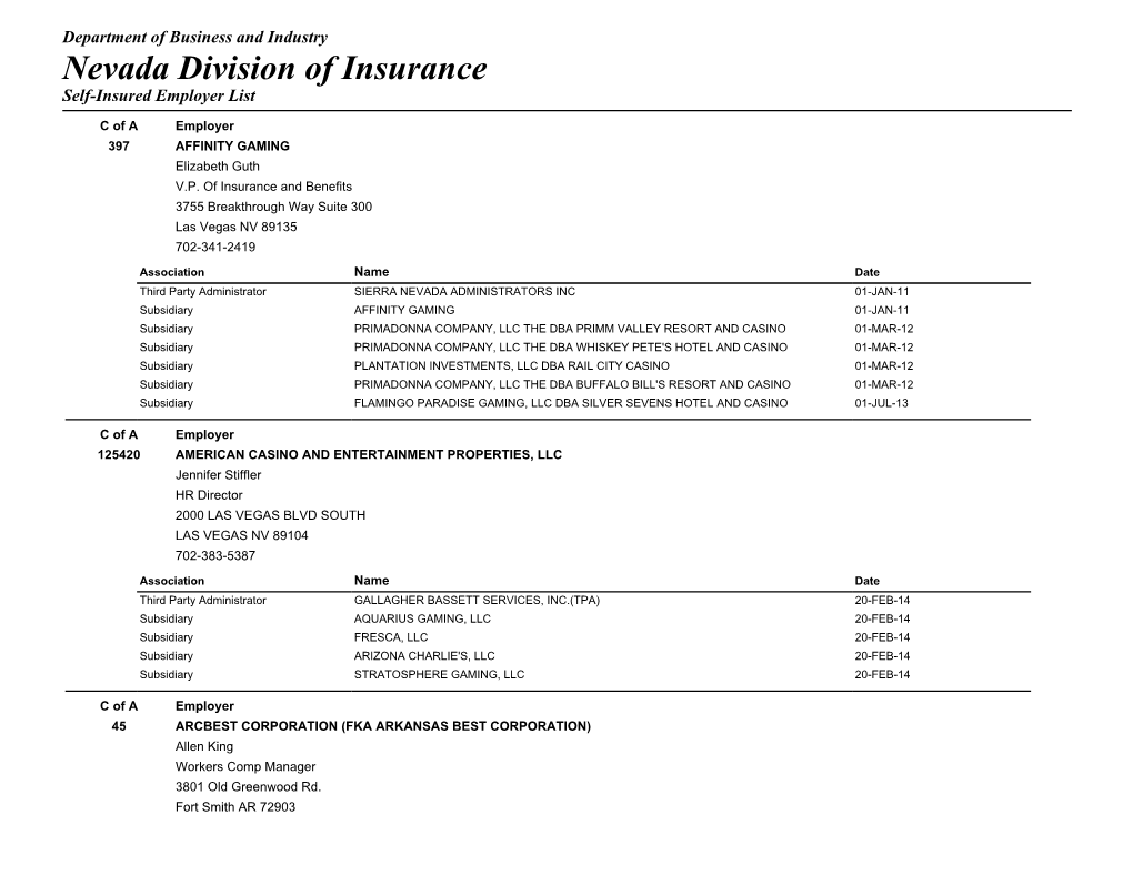 Nevada Division of Insurance Self-Insured Employer List