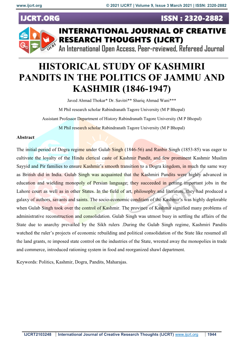 Historical Study of Kashmiri Pandits in the Politics of Jammu and Kashmir (1846-1947)