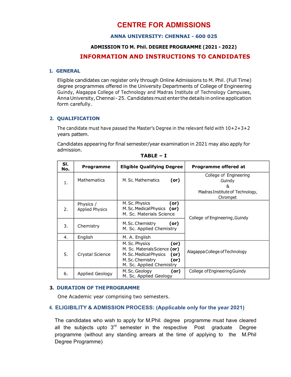 Centre for Admissions