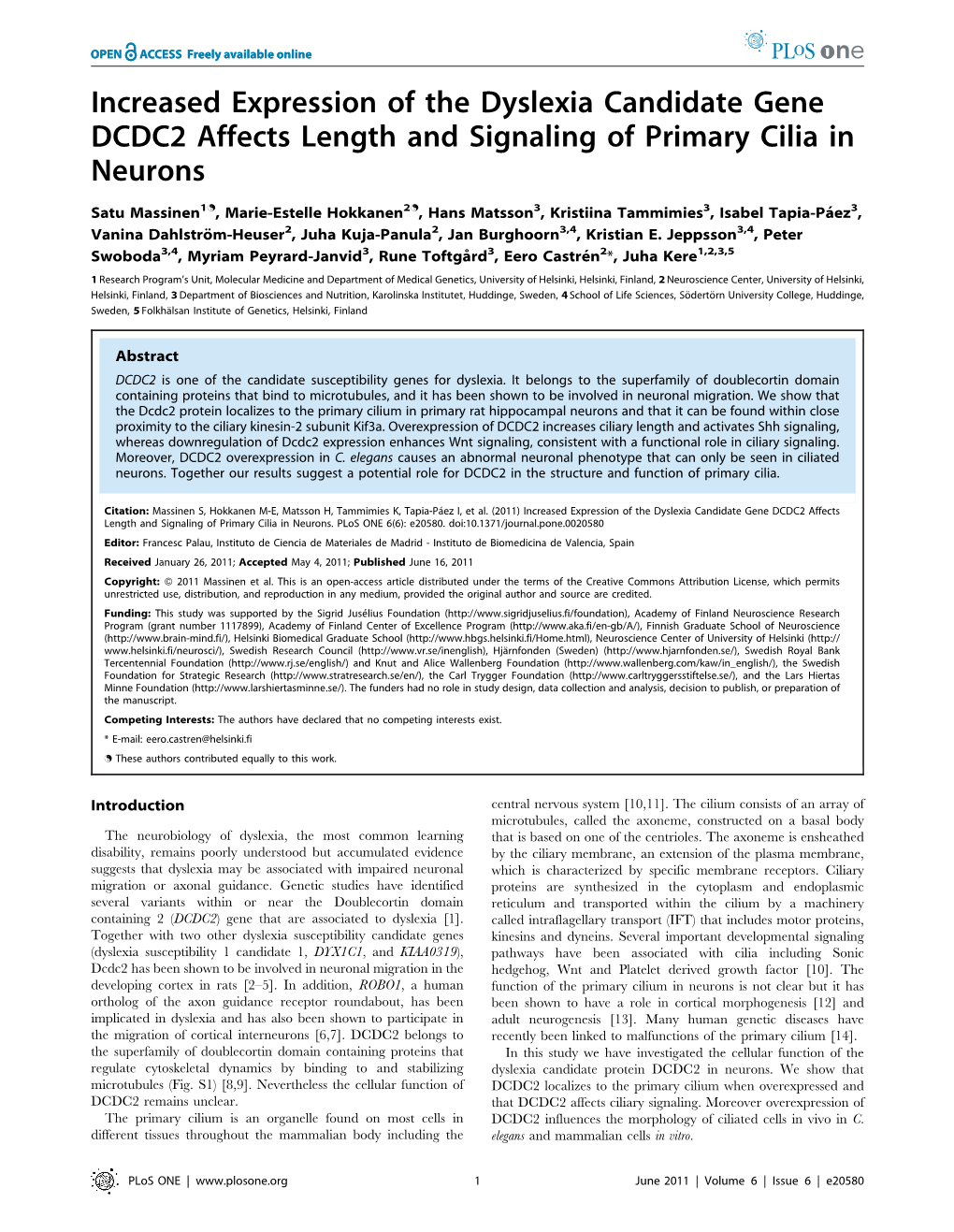 Increased Expression of the Dyslexia Candidate Gene DCDC2 Affects Length and Signaling of Primary Cilia in Neurons