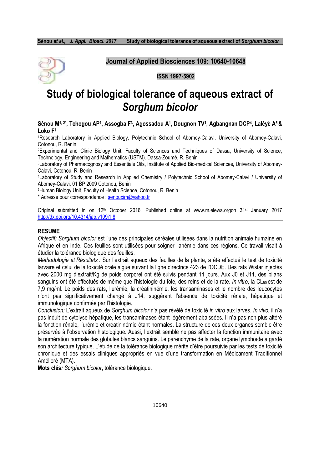 Study of Biological Tolerance of Aqueous Extract of Sorghum Bicolor