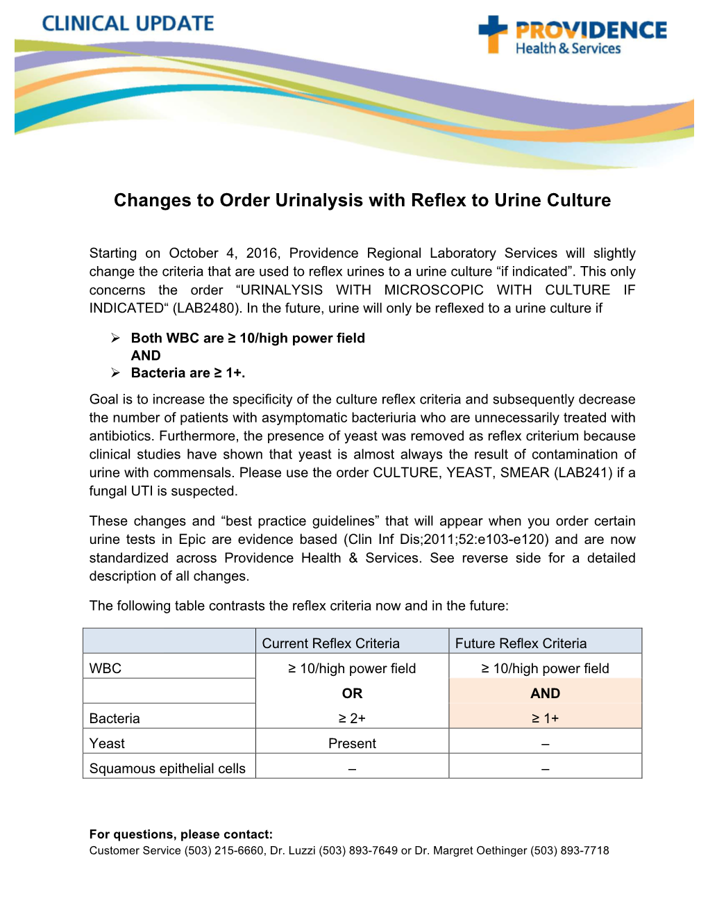 Changes to Order Urinalysis with Reflex to Urine Culture