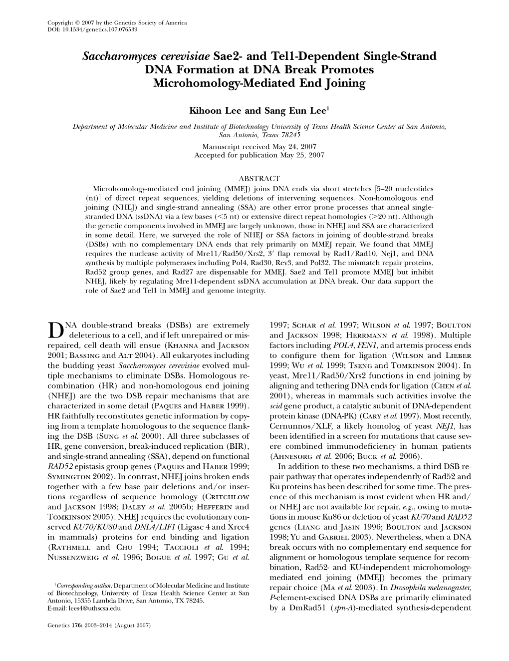 And Tel1-Dependent Single-Strand DNA Formation at DNA Break Promotes Microhomology-Mediated End Joining