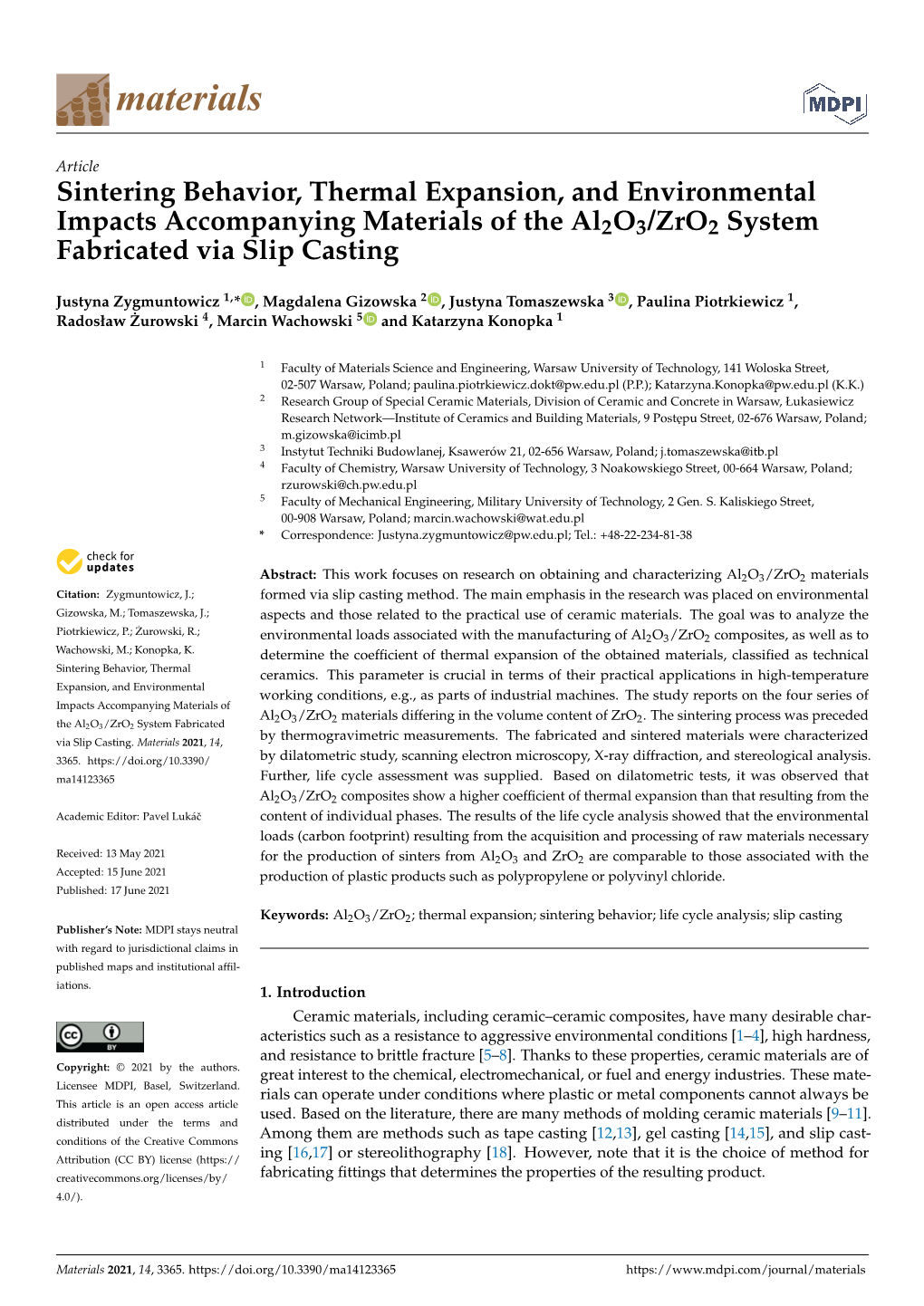 Sintering Behavior, Thermal Expansion, and Environmental Impacts Accompanying Materials of the Al2o3/Zro2 System Fabricated Via Slip Casting