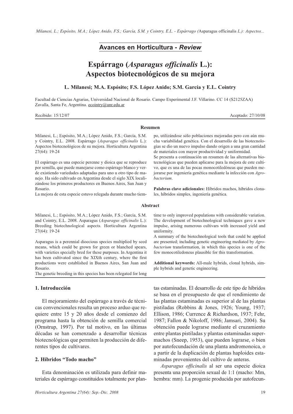 Asparagus Officinalis L.): Aspectos