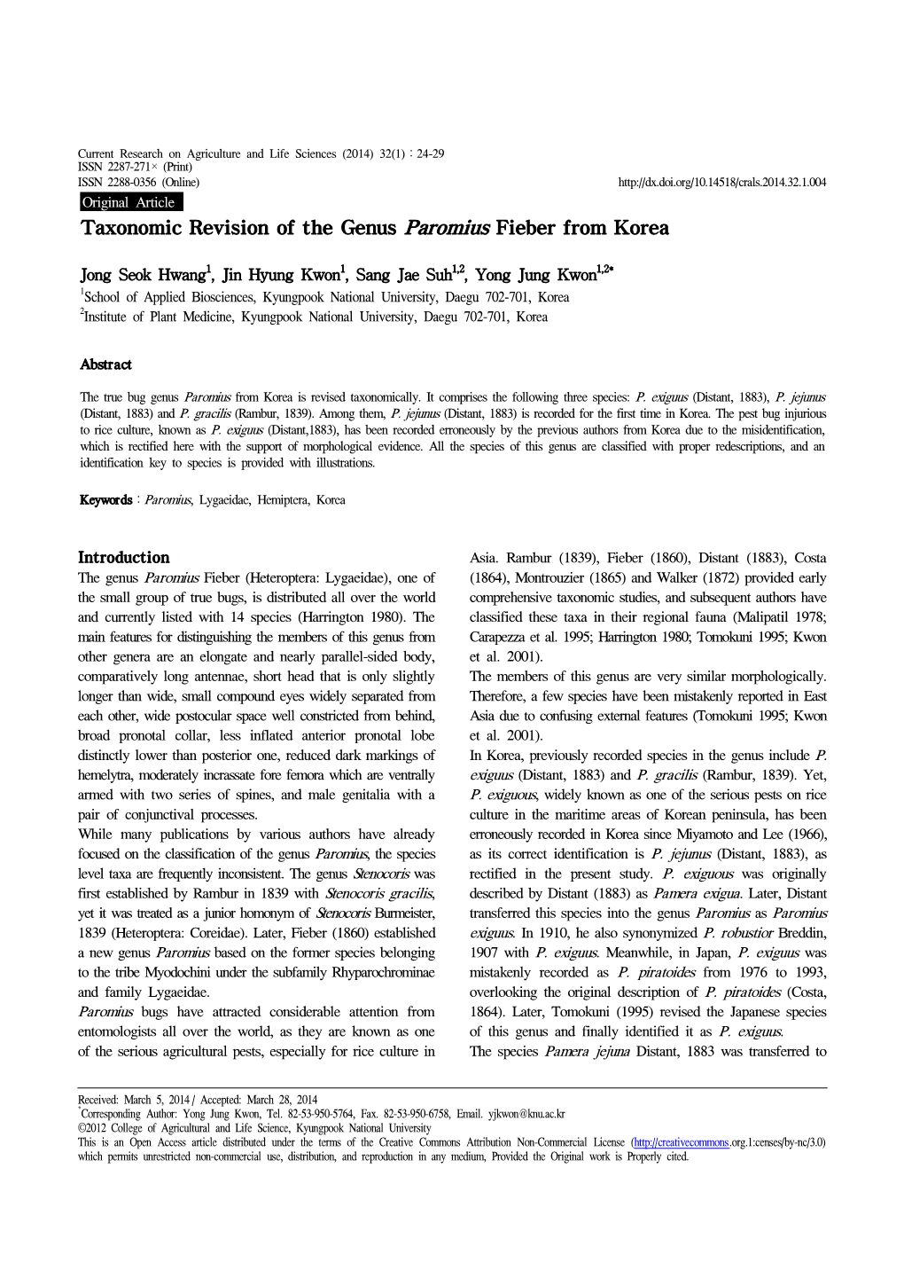 Taxonomic Revision of the Genus Paromius Fieber from Korea Jong