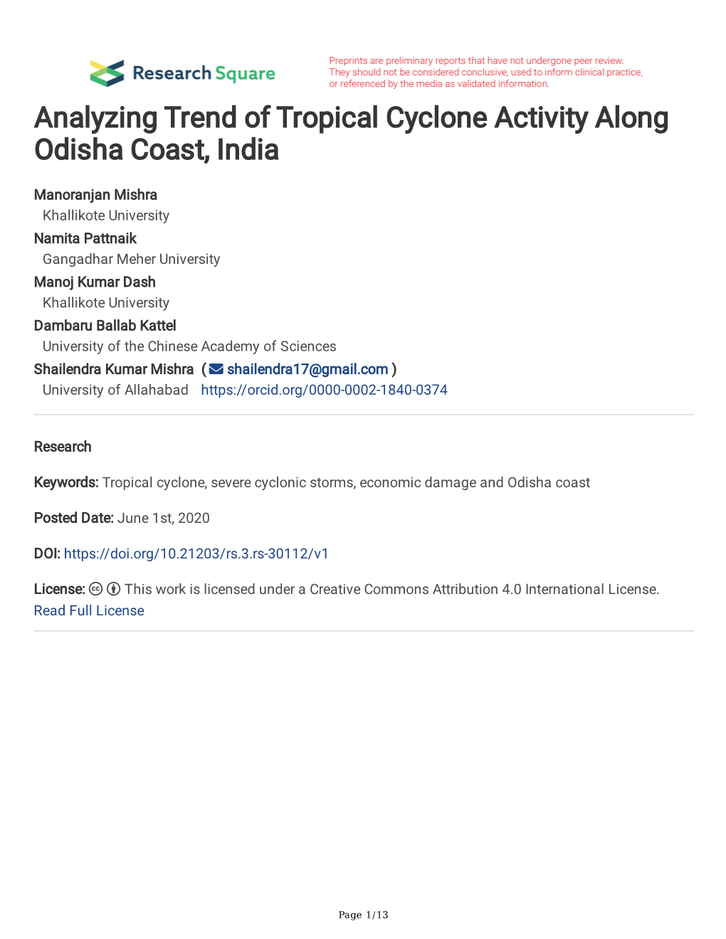 Analyzing Trend of Tropical Cyclone Activity Along Odisha Coast, India