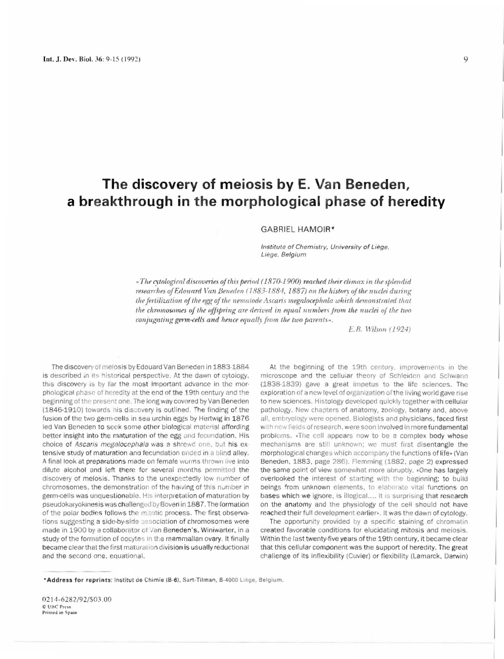 The Discovery of Meiosis by E. Van Beneden, a Breakthrough in the Morphological Phase of Heredity