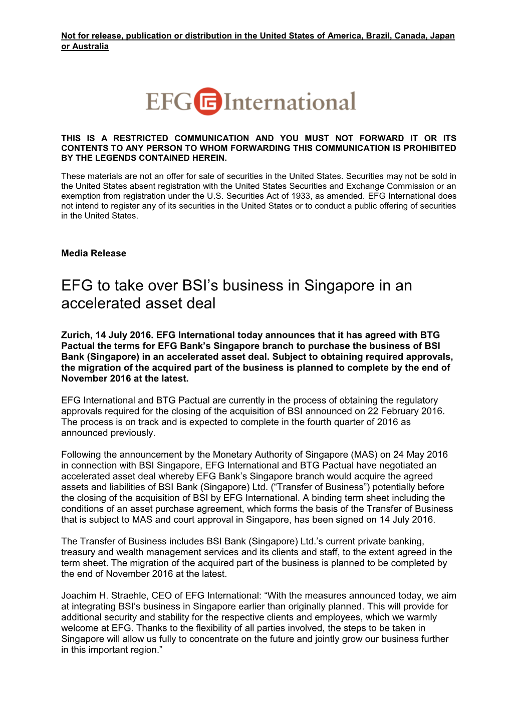 EFG to Take Over BSI's Business in Singapore in An