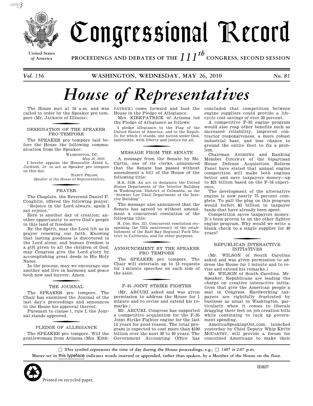 Congressional Record United States Th of America PROCEEDINGS and DEBATES of the 111 CONGRESS, SECOND SESSION