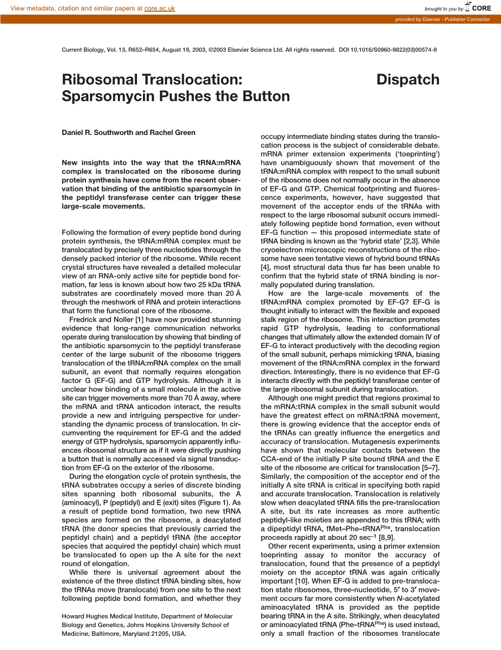 Ribosomal Translocation: Sparsomycin Pushes the Button