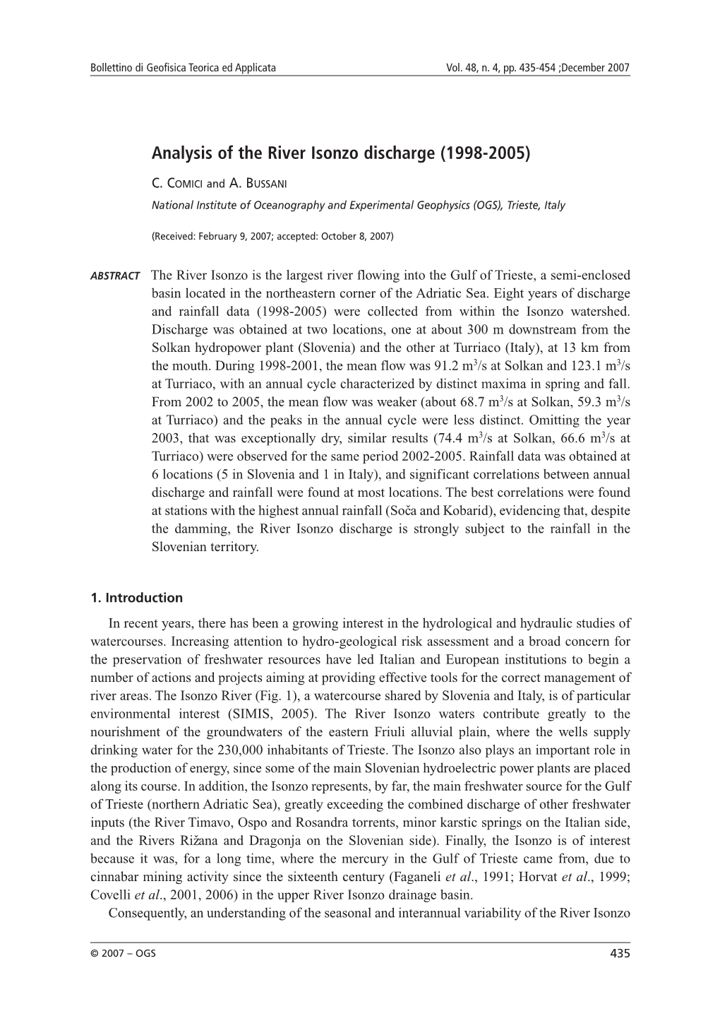 Analysis of the River Isonzo Discharge (1998-2005)