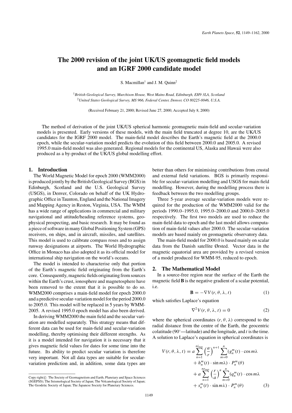 The 2000 Revision of the Joint UK/US Geomagnetic Field Models and An