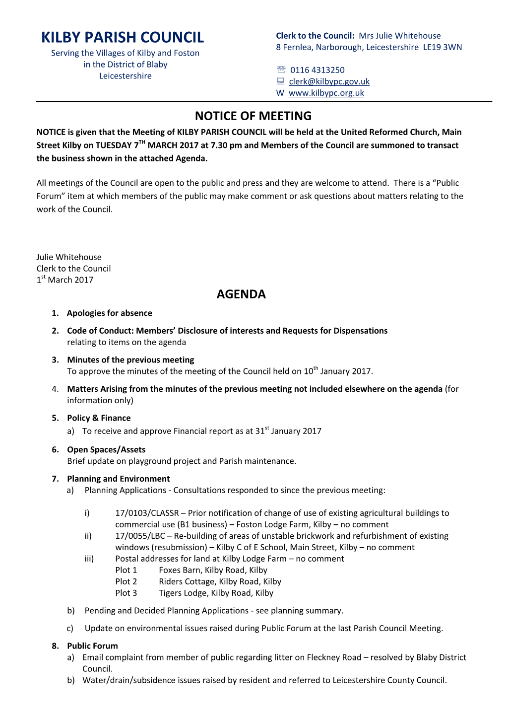 Agenda for Parish Council Meeting on 7Th March