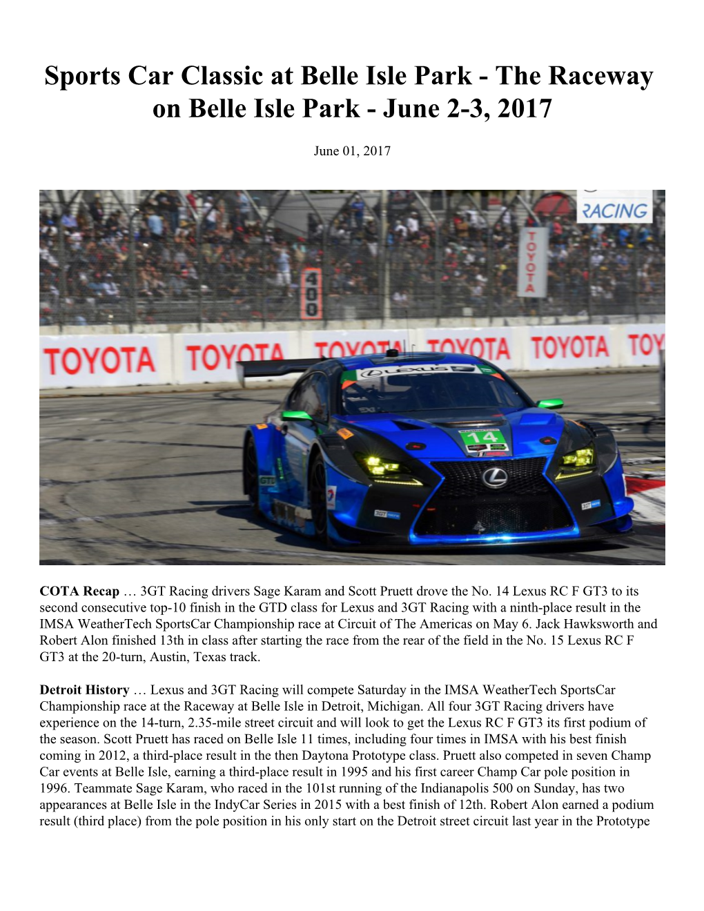 Sports Car Classic at Belle Isle Park - the Raceway on Belle Isle Park - June 2-3, 2017